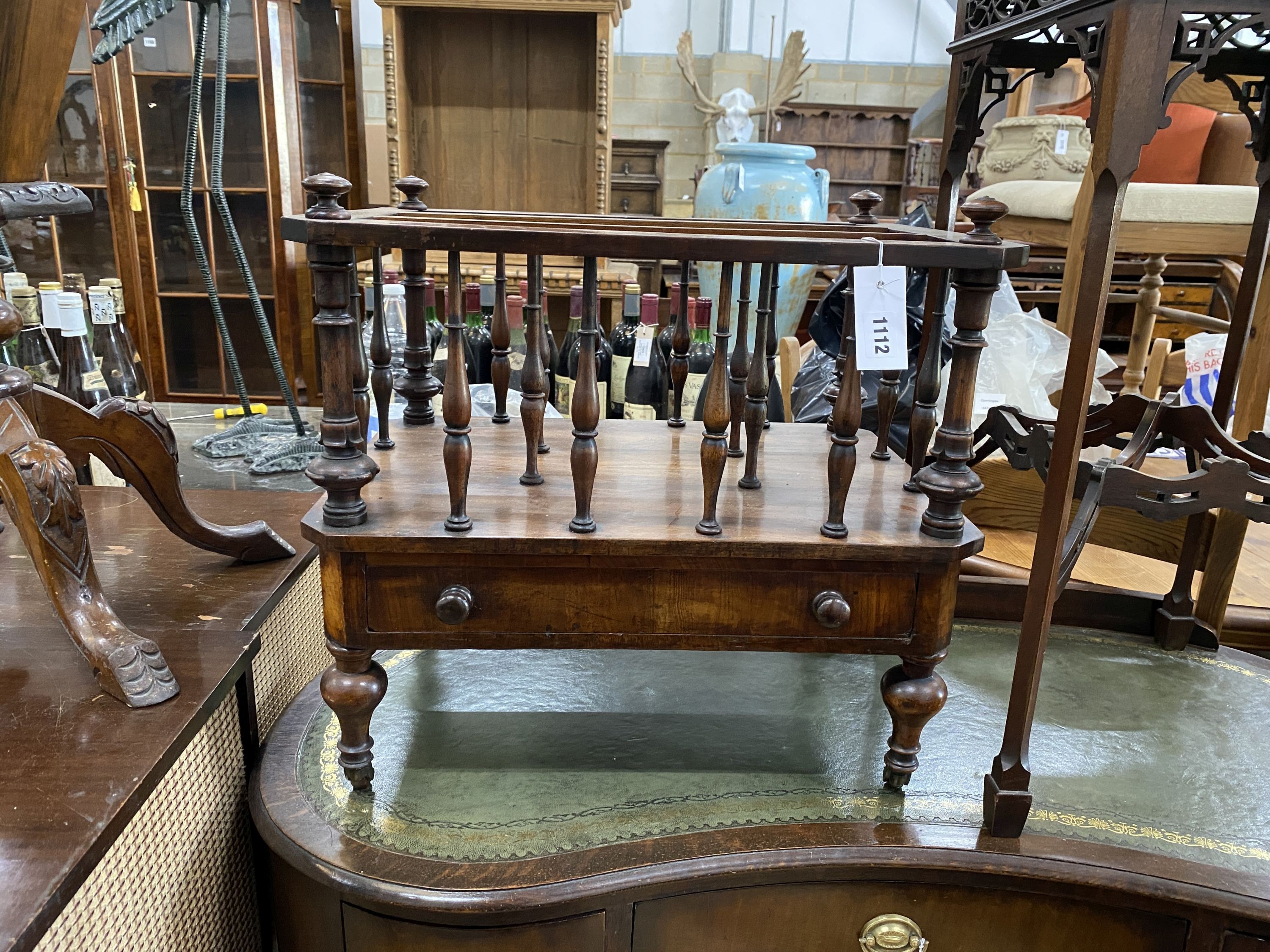 A Victorian walnut Canterbury, width 58cm, depth 52cm, height 49cm